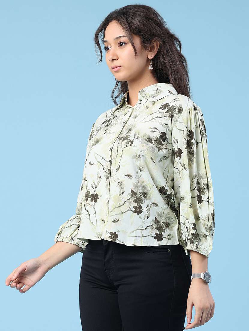floral print mandarin collar light green cotton shirt - 22439464 -  Standard Image - 3