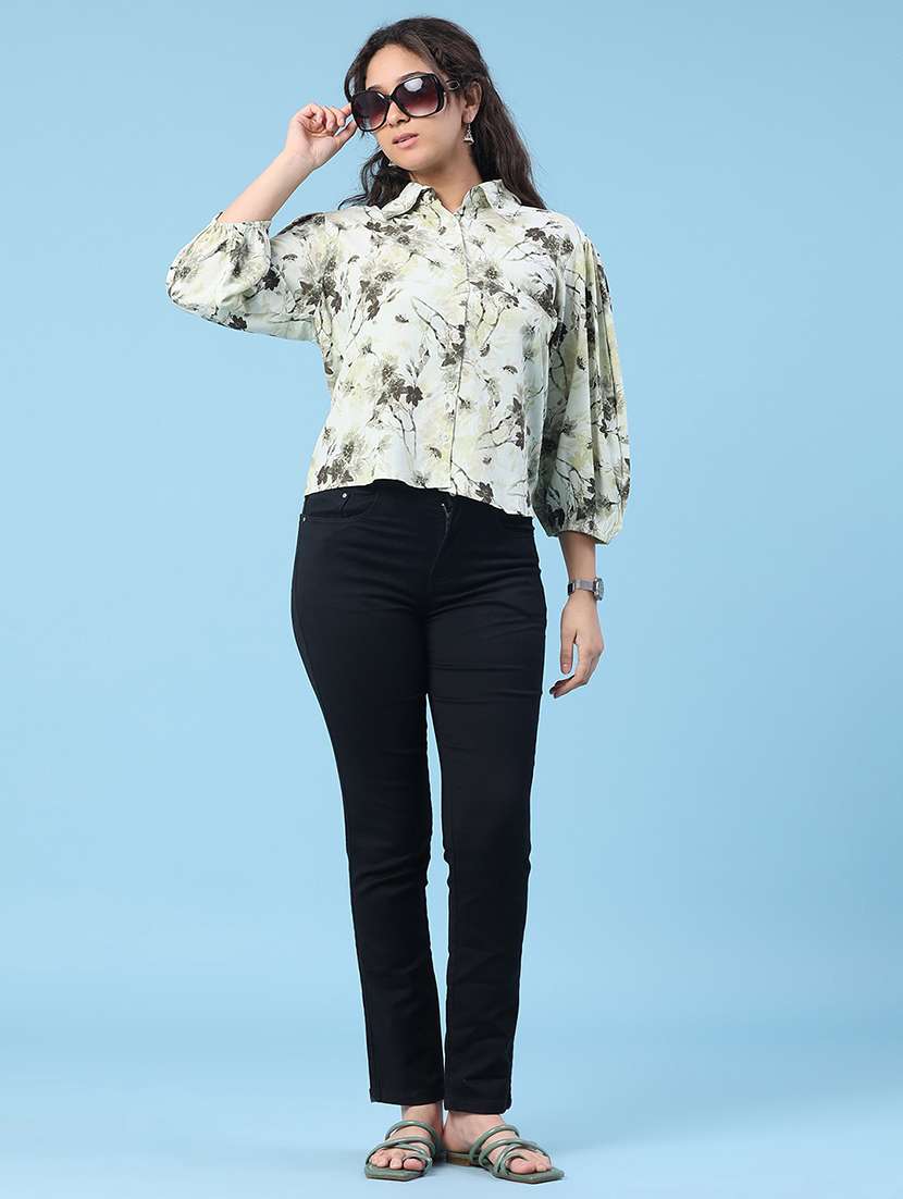 floral print mandarin collar light green cotton shirt - 22439464 -  Standard Image - 5