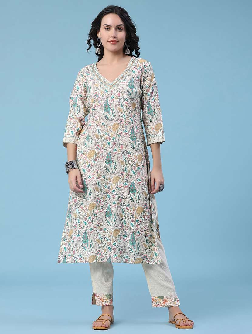 women self design three quarter sleeves kurta and pant set