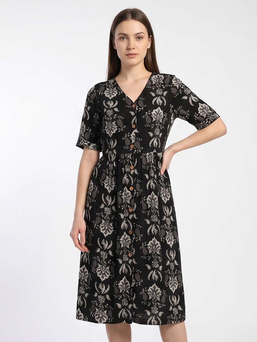 women printed short sleeves a-line dress