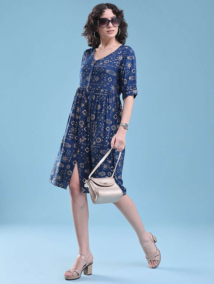 women printed short sleeves a-line dress