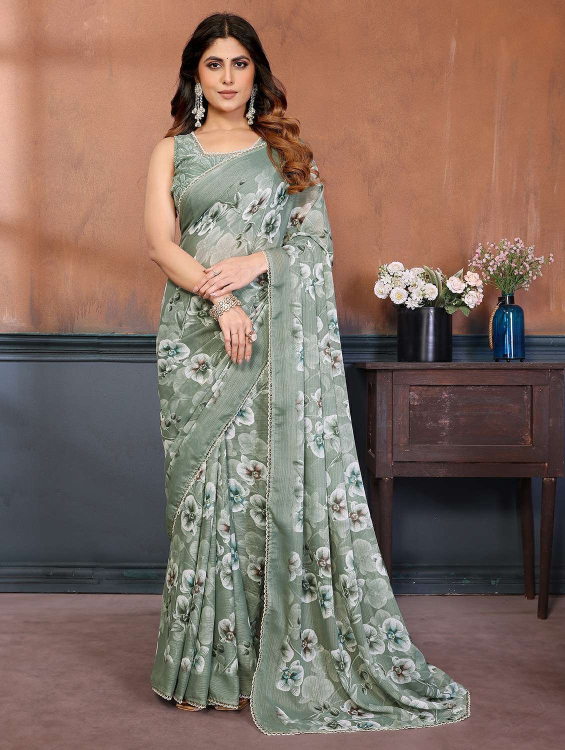 women floral printed saree with blouse