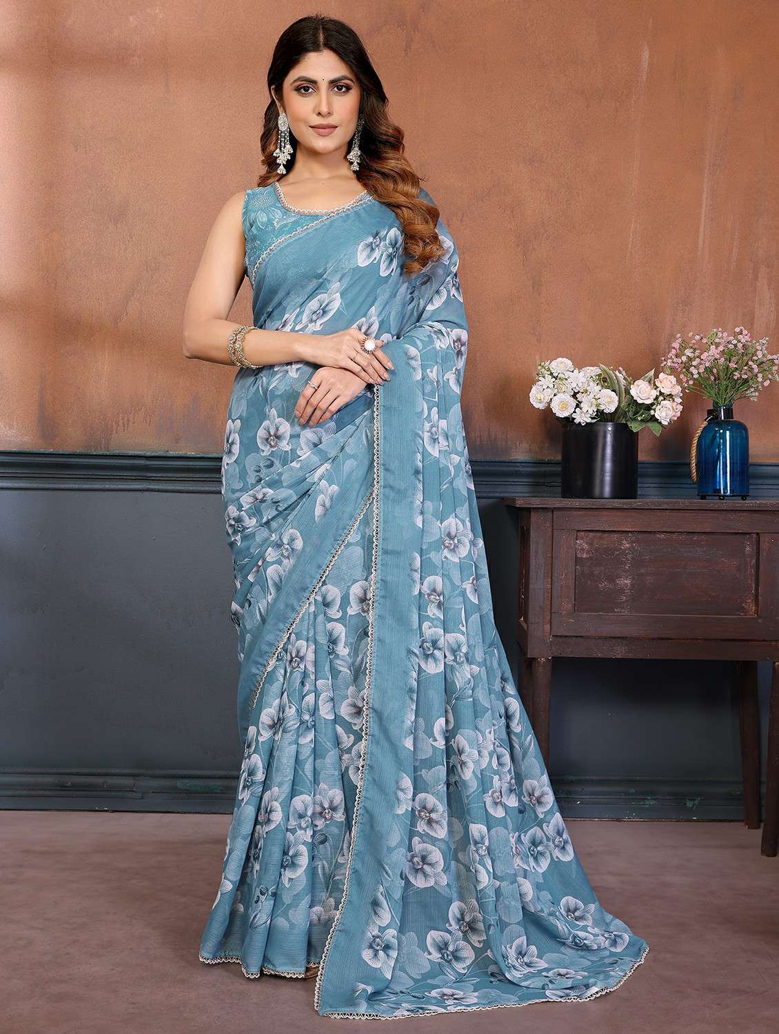 women floral printed saree with blouse