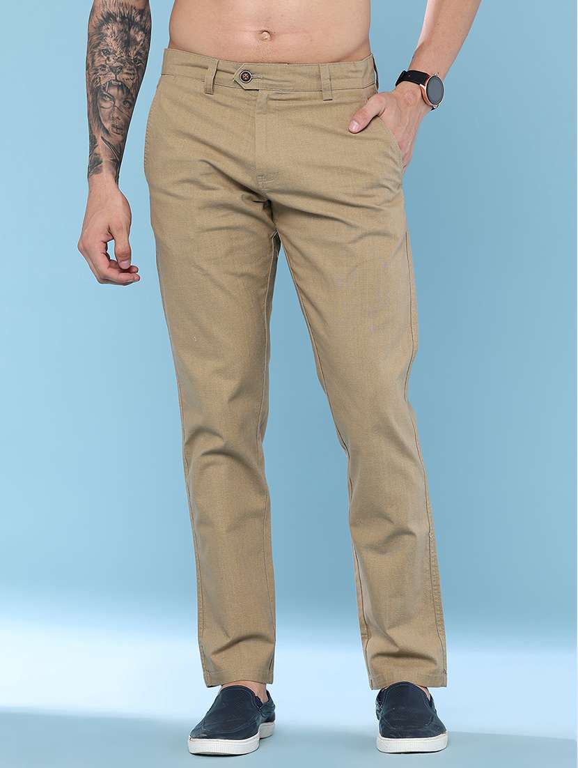men solid mid rise chinos casual trouser