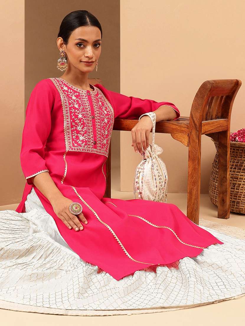 embroidered chanderi straight kurta  - 22439840 -  Standard Image - 3