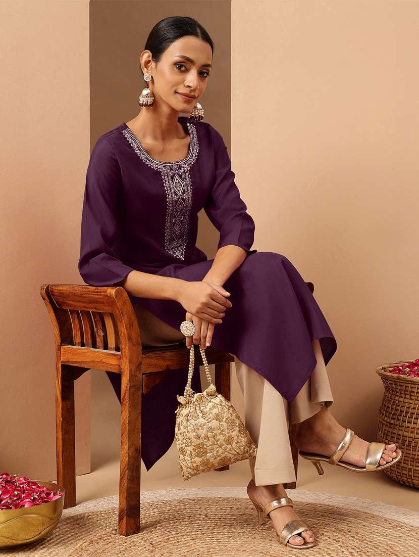 purple chanderi straight kurta - 22439841 -  Standard Image - 3