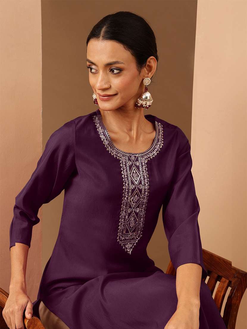 purple chanderi straight kurta - 22439841 -  Standard Image - 5