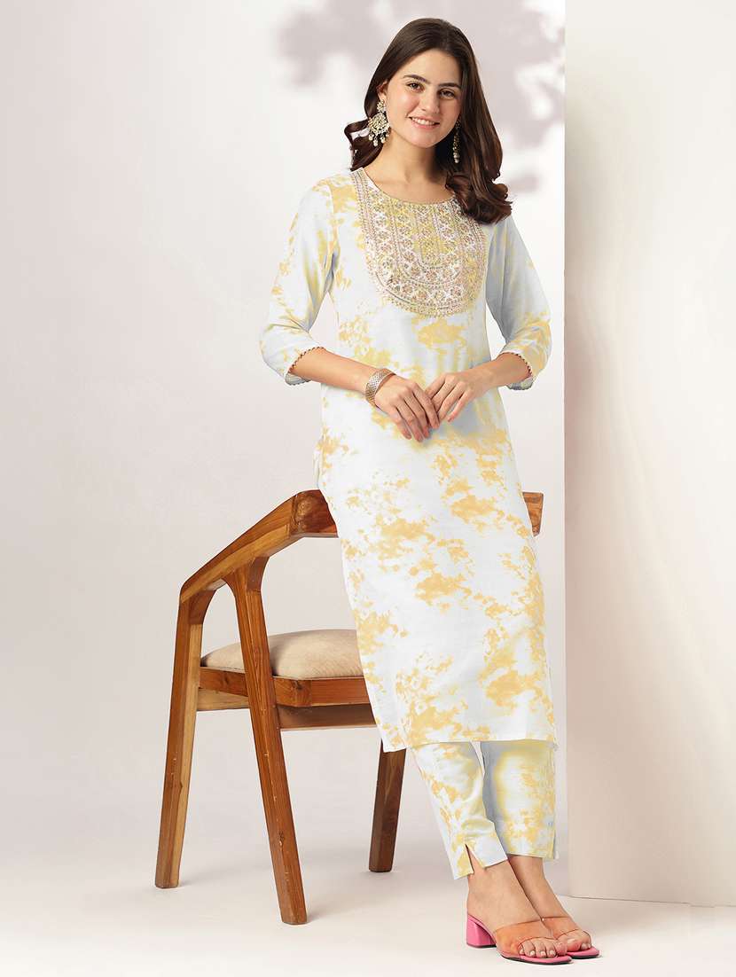 yellow silk blend kurta pant  set