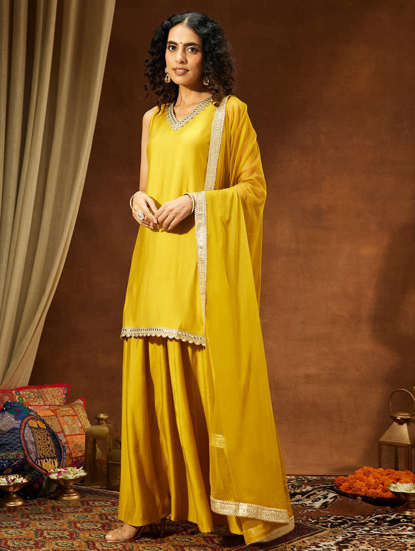 yellow chanderi kurta sharara dupatta set - 22439853 -  Standard Image - 3