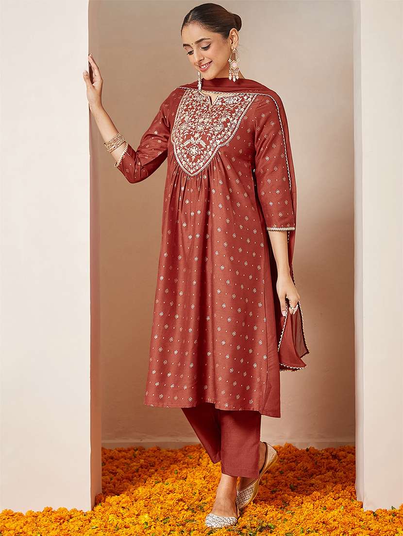women rust kurta dupatta set - 22439877 -  Standard Image - 3