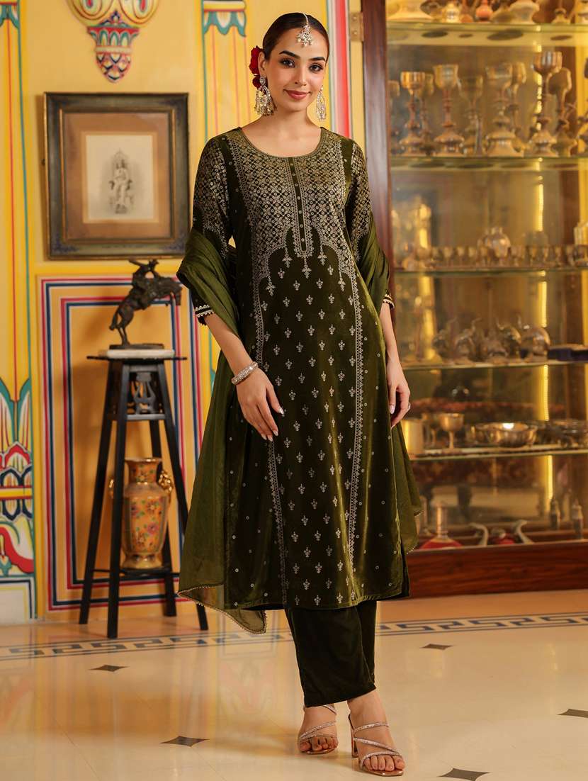 women olive kurta dupatta set - 22439922 -  Standard Image - 3