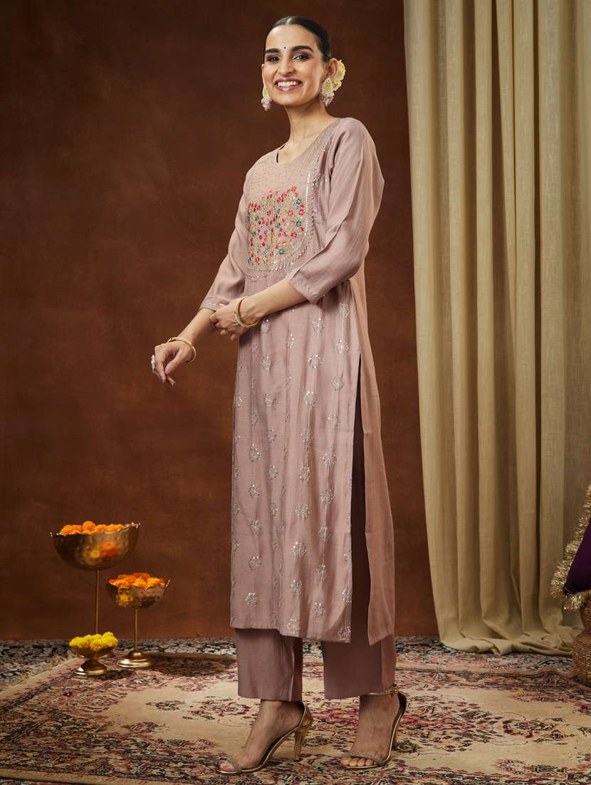 women brown kurta pant set - 22439948 -  Standard Image - 3