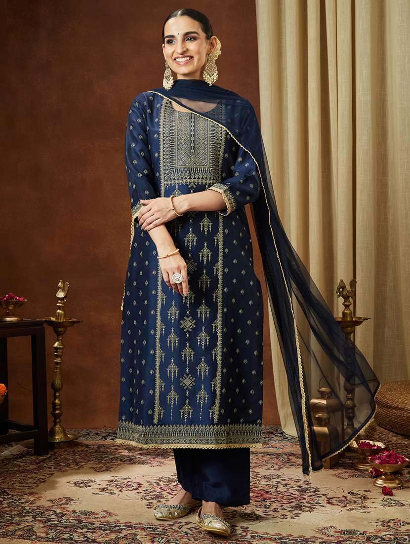 women navy blue kurta dupatta set