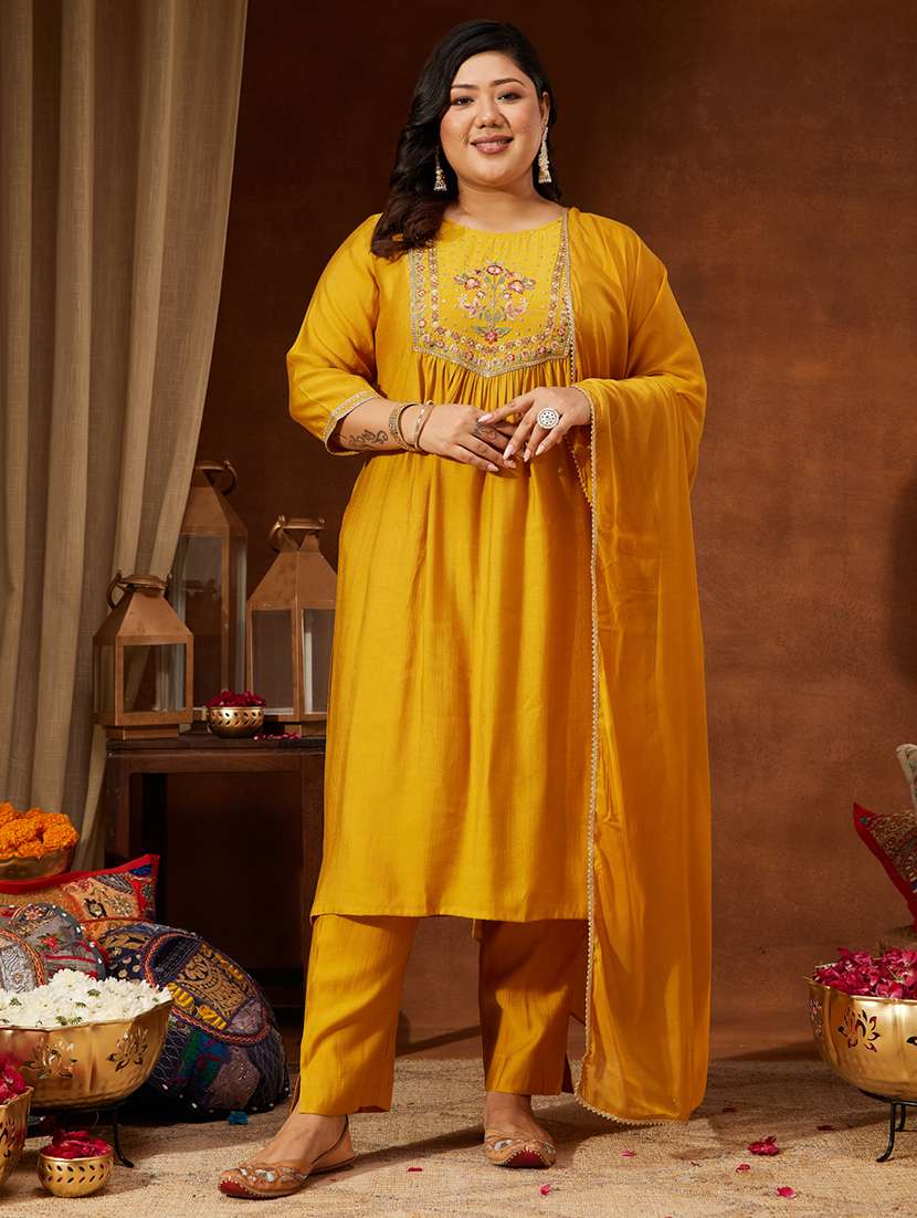 women mustard kurta dupatta set