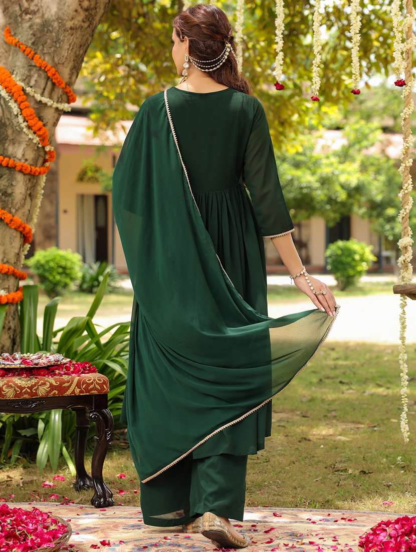 women floral embroidered green georgette kurta dupatta set - 22440037 -  Standard Image - 5