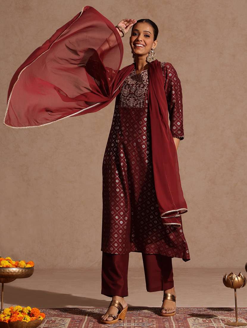 women maroon kurta dupatta set - 22440045 -  Standard Image - 3