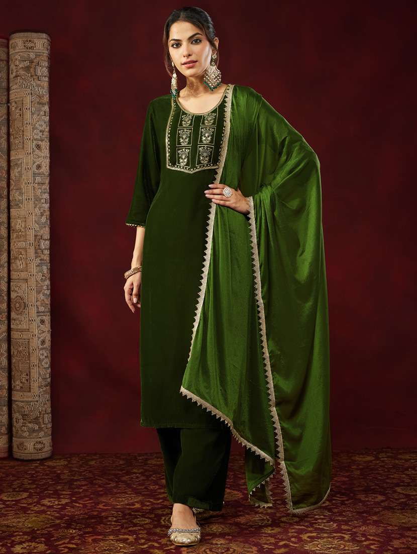 women olive kurta dupatta set