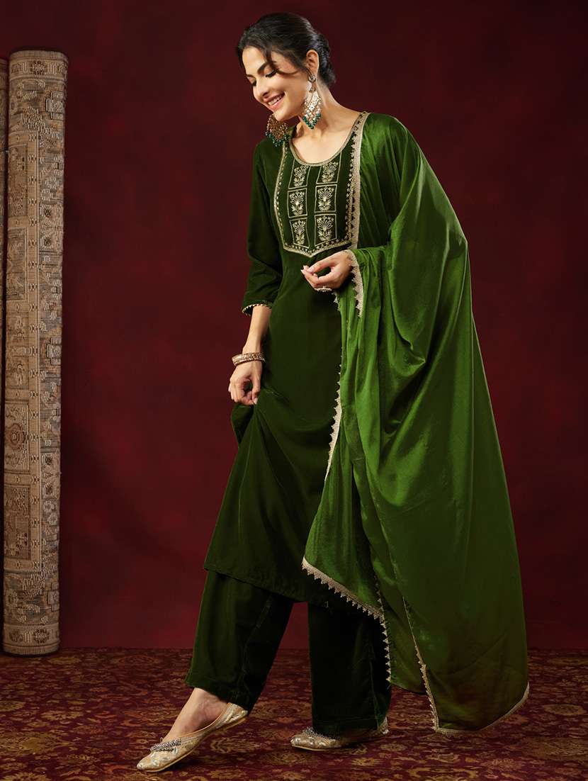 Women Olive Kurta Dupatta Set - 22440061 -  Standard Image - 3