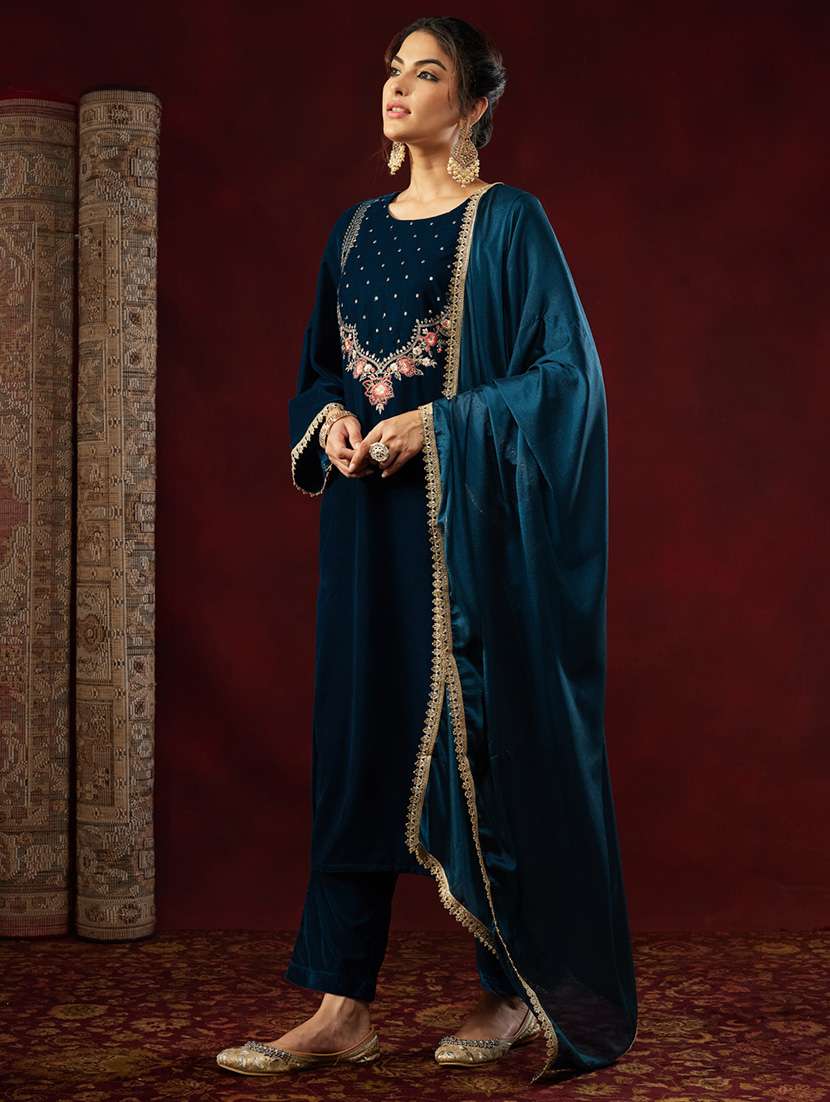 women teal kurta dupatta set - 22440064 -  Standard Image - 3