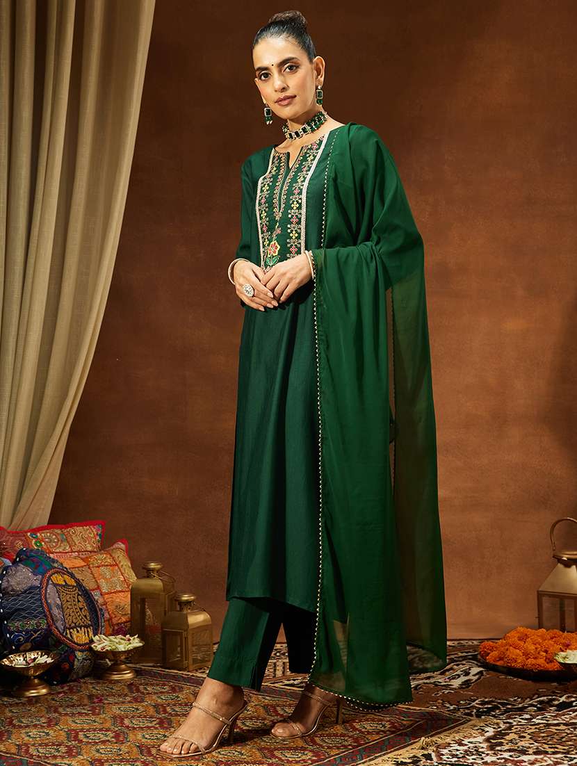 women bottle green kurta dupatta set - 22440075 -  Standard Image - 3