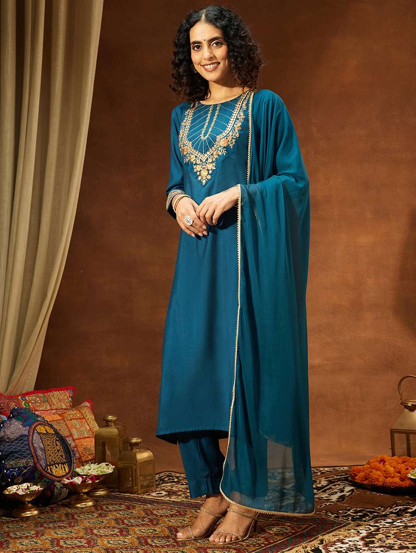 women teal kurta dupatta set - 22440077 -  Standard Image - 3