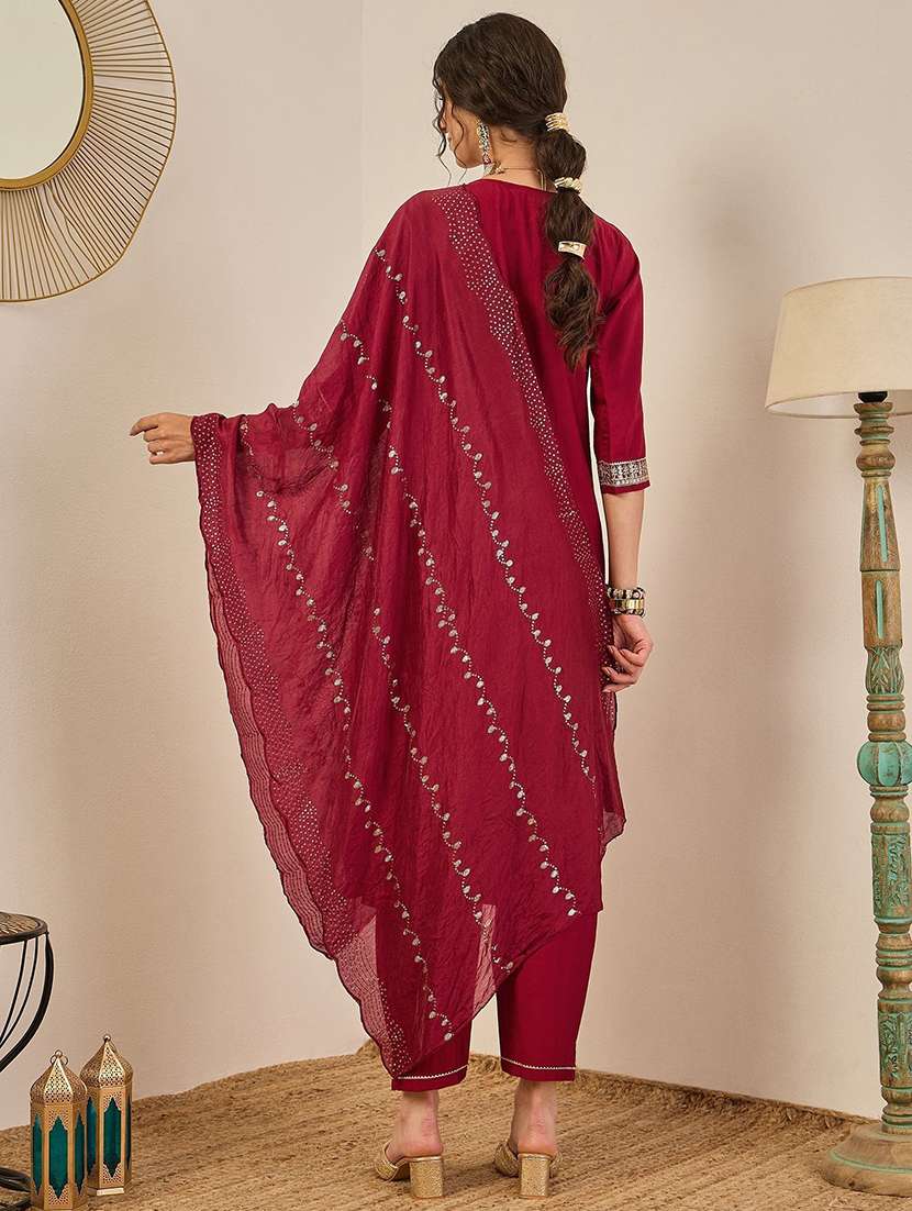 women solid with work three quarter sleeve kurta pant with dupatta set - 22440114 -  Standard Image - 3