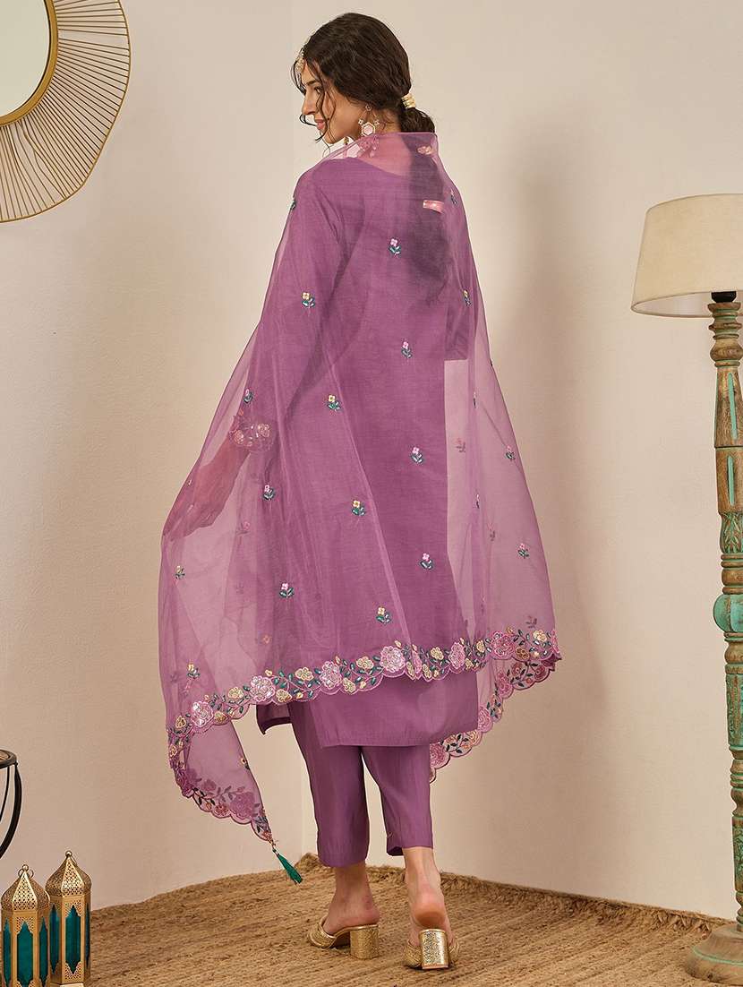 women solid with work three quarter sleeve kurta pant with dupatta set - 22440123 -  Standard Image - 3