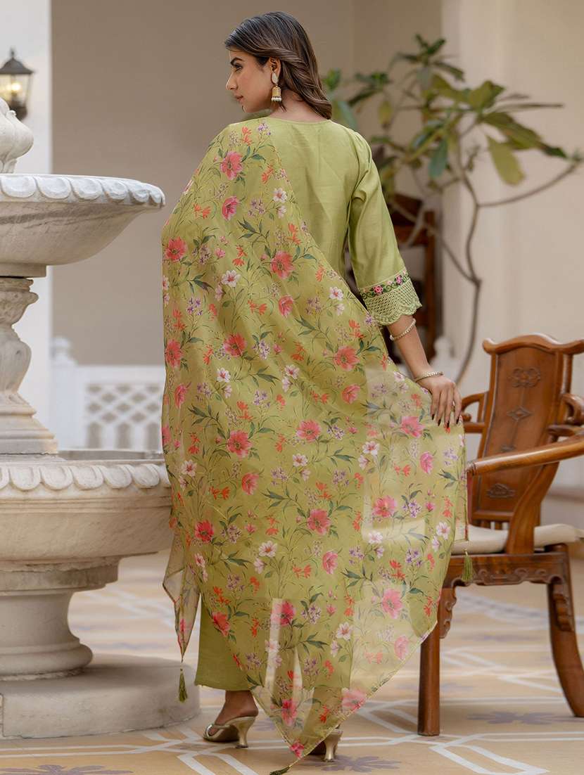 women solid with work three quarter sleeve kurta pant with dupatta set - 22440138 -  Standard Image - 3