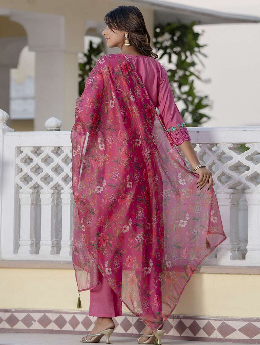 women solid with work three quarter sleeve kurta pant with dupatta set - 22440139 -  Standard Image - 3