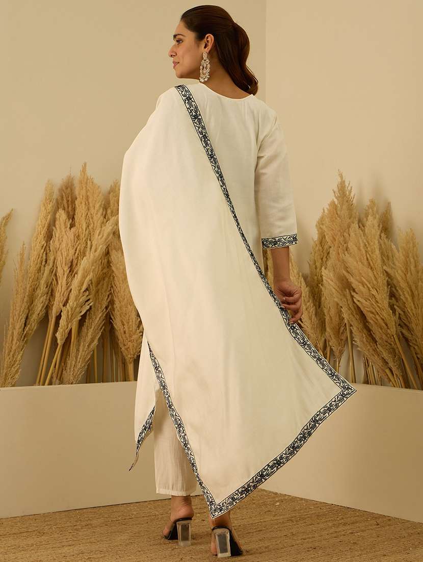Women Solid With Work Three Quarter Sleeve Kurta Pant With Dupatta Set - 22440149 -  Standard Image - 3