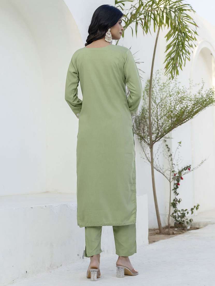 women solid with work three quarter sleeve kurta pant with dupatta set - 22440273 -  Standard Image - 3