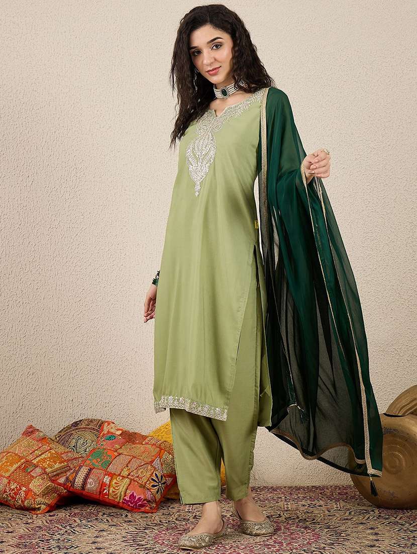 women solid with work three quarter sleeve kurta pant with dupatta set