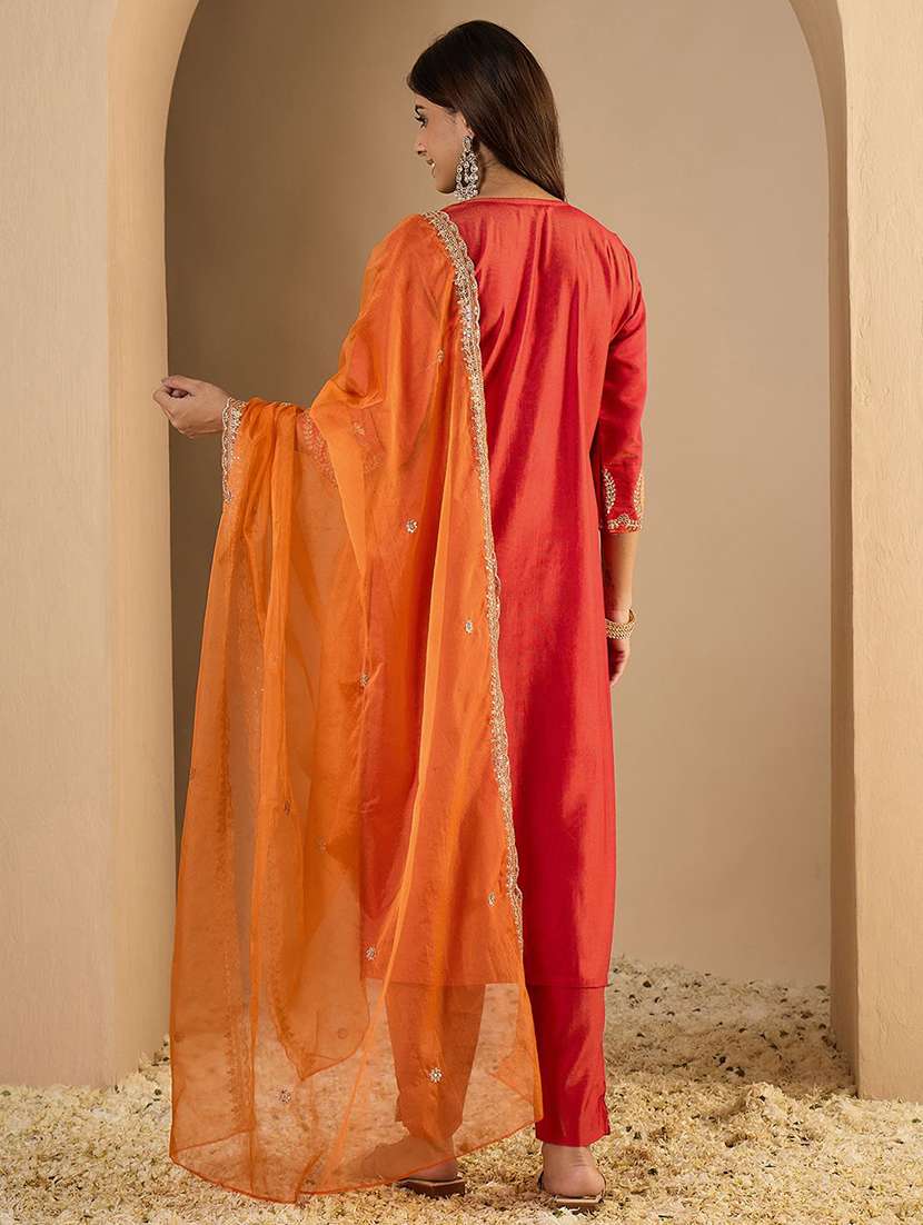 women solid with work three quarter sleeve kurta pant with dupatta set - 22440279 -  Standard Image - 3