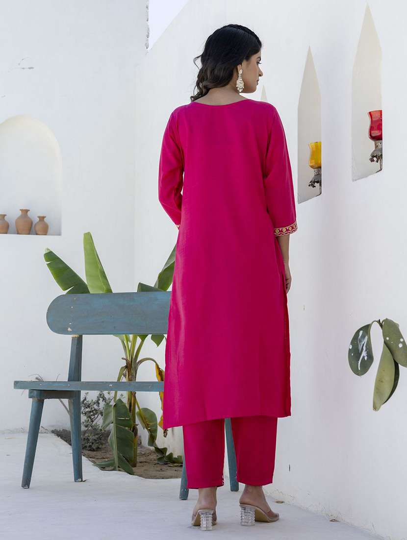 women solid with work three quarter sleeve kurta pant with dupatta set - 22440283 -  Standard Image - 3
