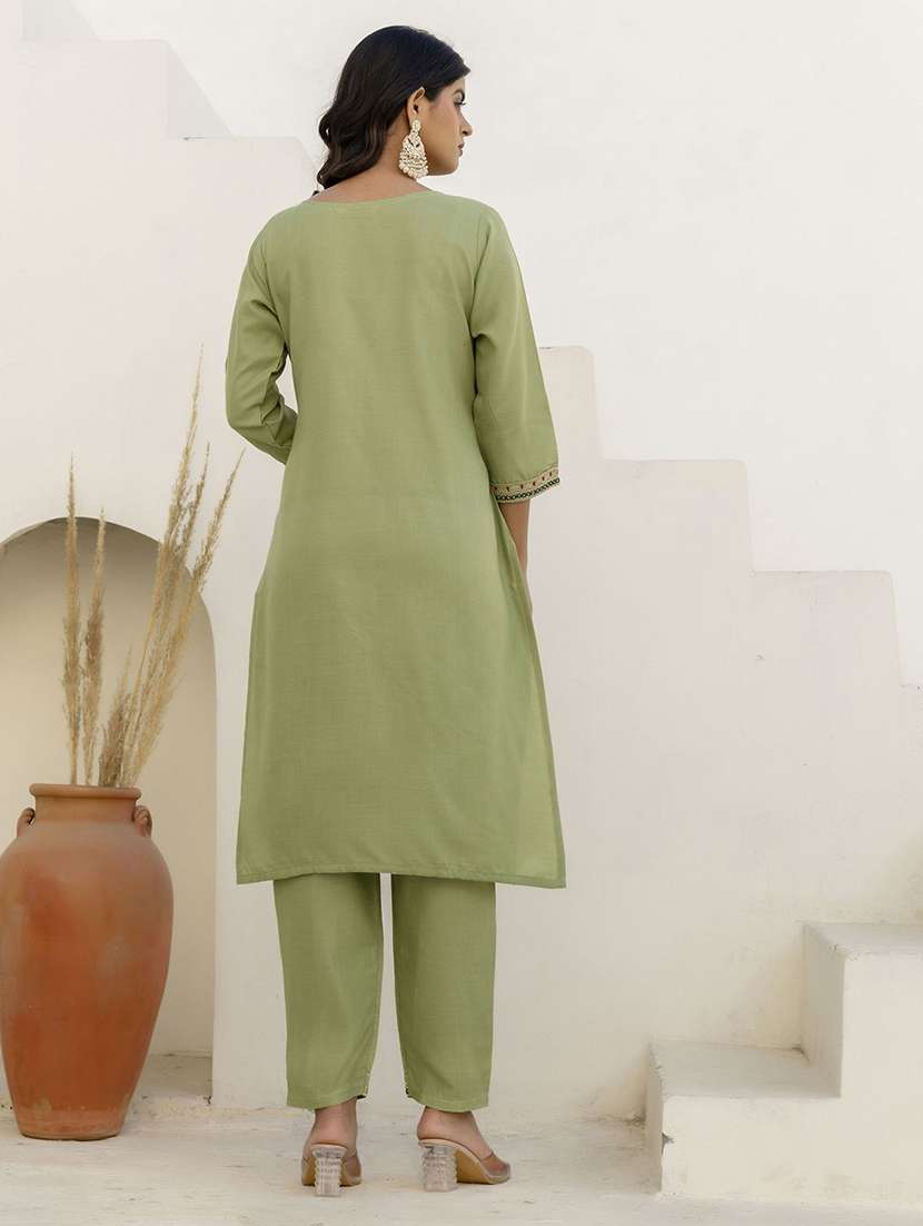 women solid with work three quarter sleeve kurta pant with dupatta set - 22440284 -  Standard Image - 3