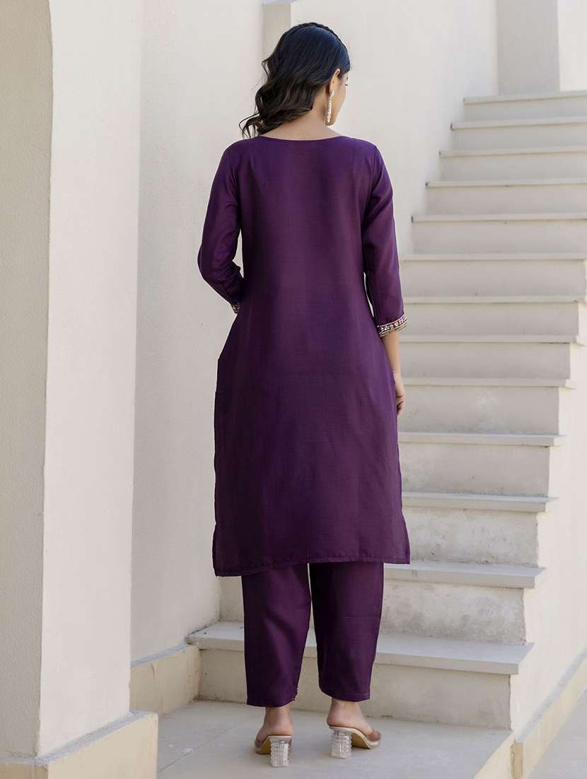 women solid with work three quarter sleeve kurta pant with dupatta set - 22440285 -  Standard Image - 3