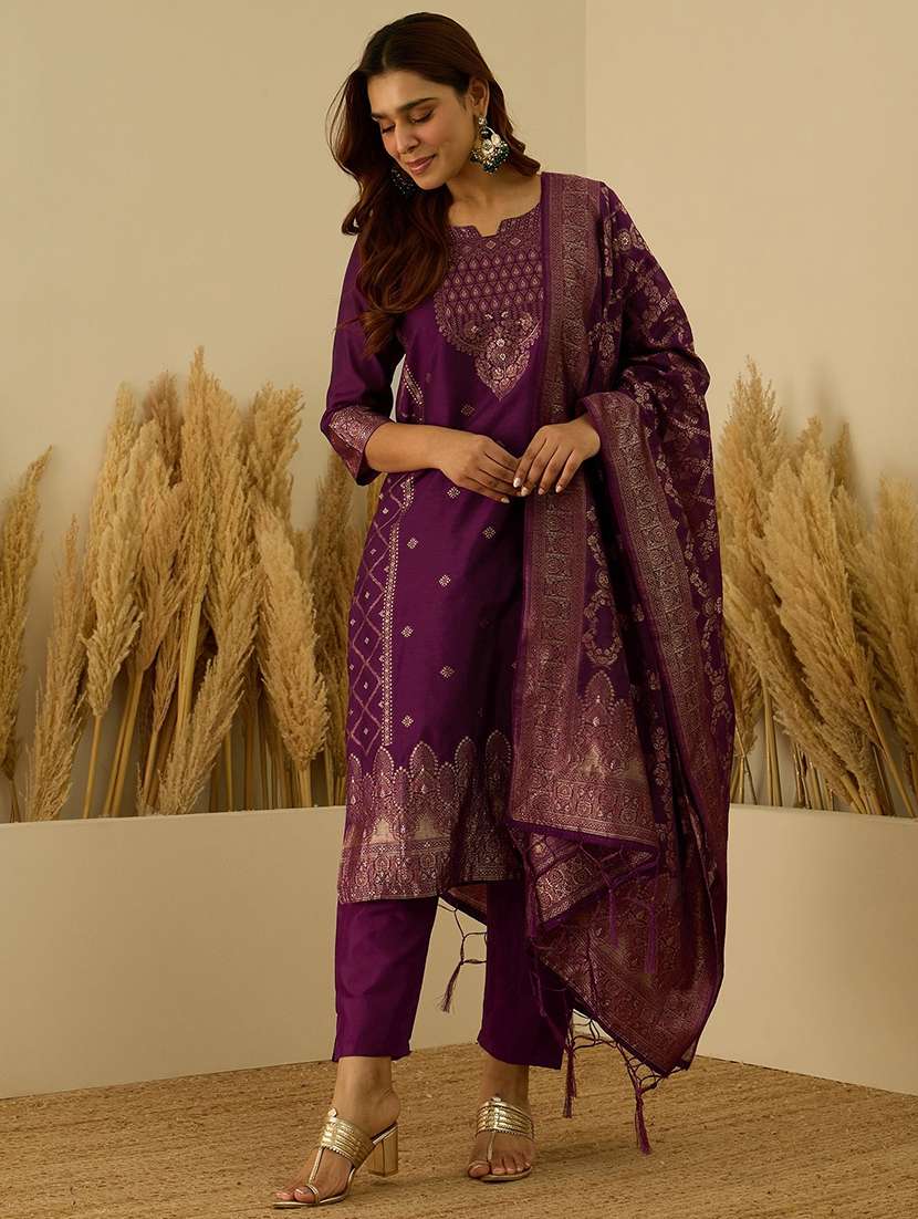 purple cotton blend kurta dupatta  set