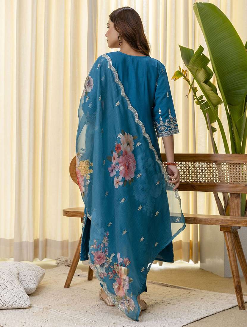 women self design blue kurta dupatta set - 22440414 -  Standard Image - 3
