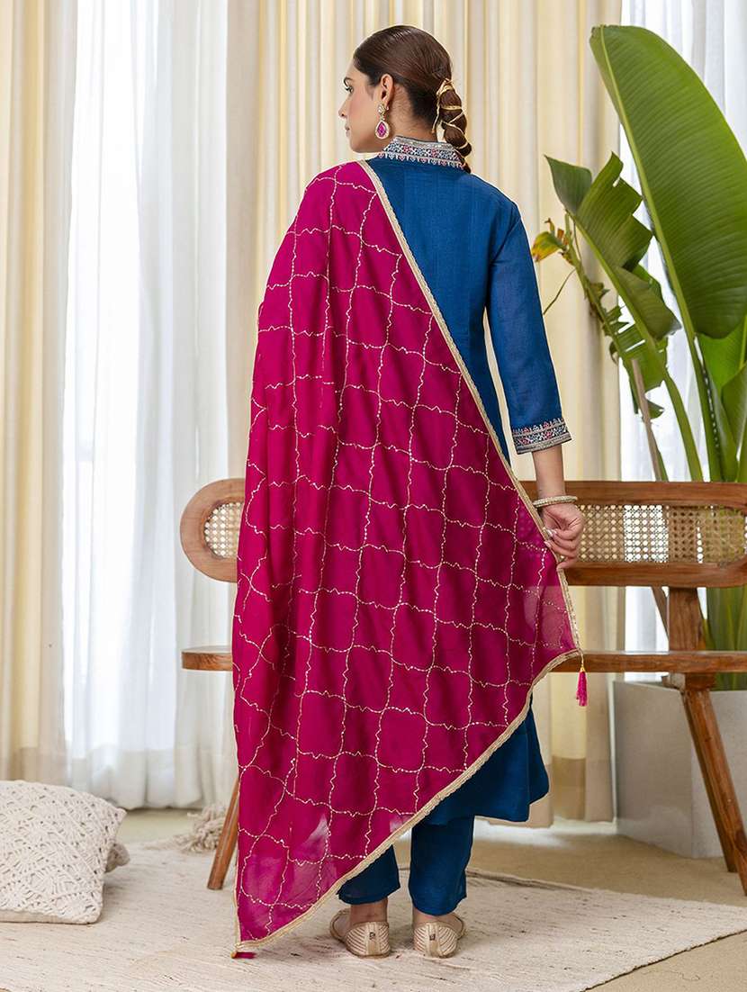 women self design blue kurta dupatta set - 22440422 -  Standard Image - 3