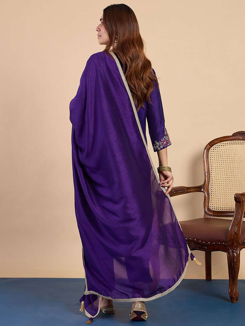 Women Solid With Work Three Quarter Sleeve Kurta Pant With Dupatta Set - 22440429 -  Standard Image - 3