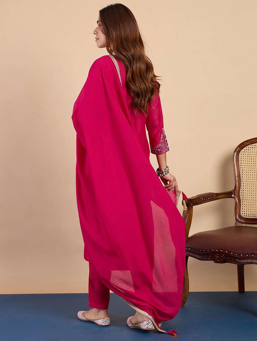 Women Solid With Work Three Quarter Sleeve Kurta Pant With Dupatta Set - 22440430 -  Standard Image - 3