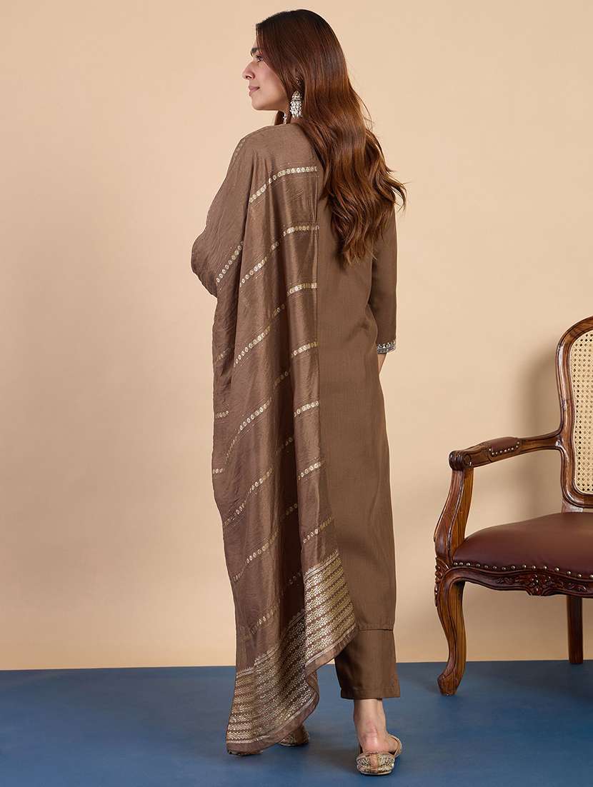 women solid with work three quarter sleeve kurta pant with dupatta set - 22440431 -  Standard Image - 3