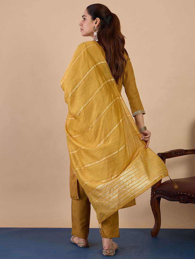 women solid with work three quarter sleeve kurta pant with dupatta set - 22440432 -  Standard Image - 3