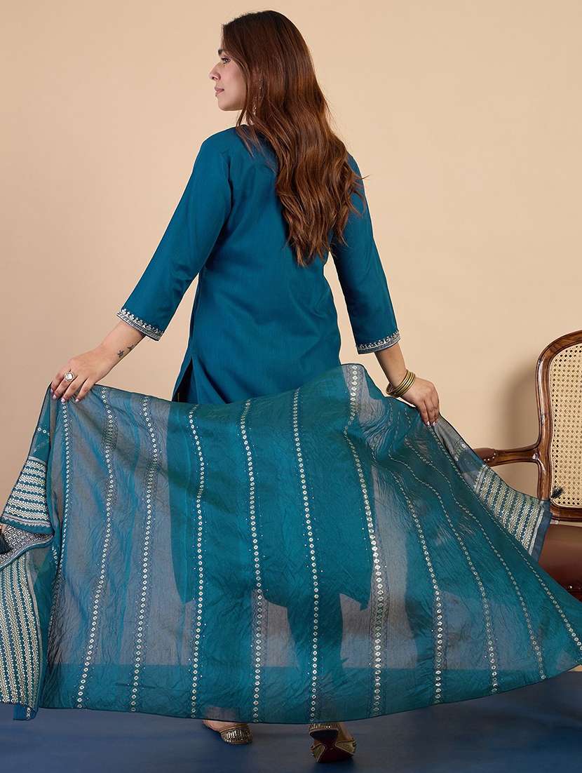 women solid with work three quarter sleeve kurta pant with dupatta set - 22440434 -  Standard Image - 3