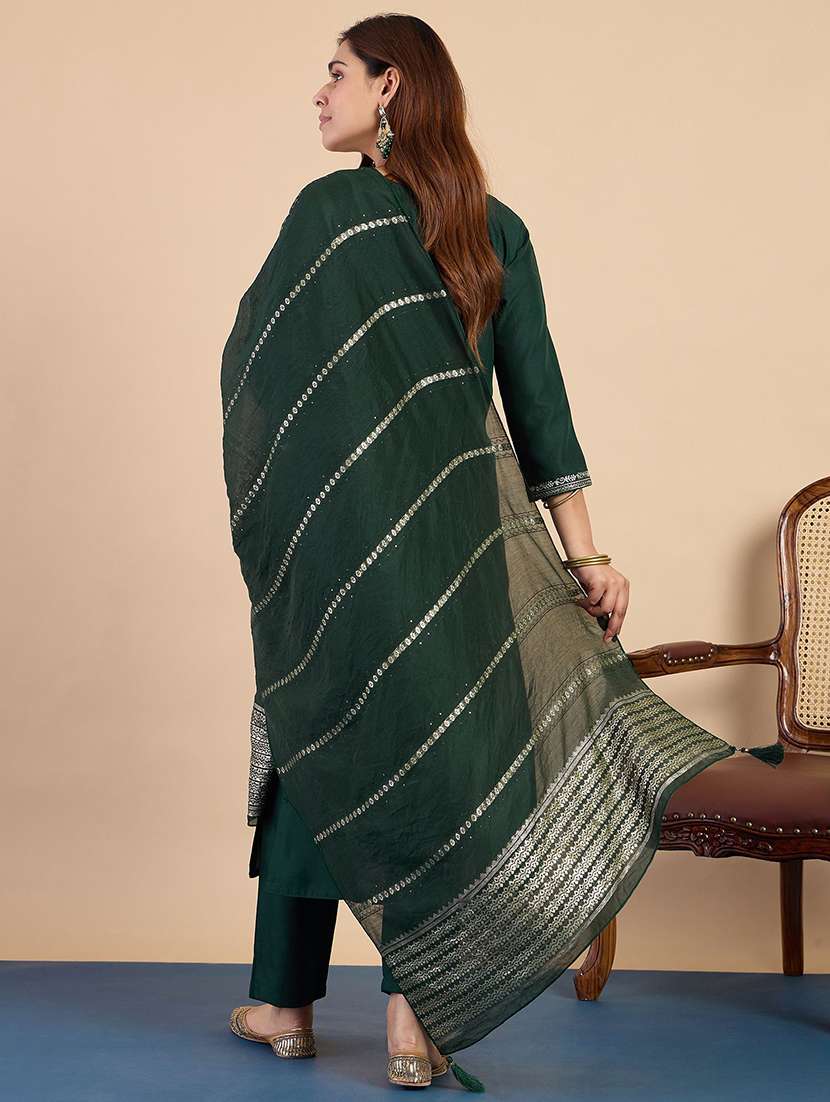 women solid with work three quarter sleeve kurta pant with dupatta set - 22440436 -  Standard Image - 3