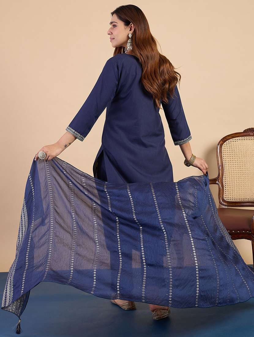 women solid with work three quarter sleeve kurta pant with dupatta set - 22440437 -  Standard Image - 3