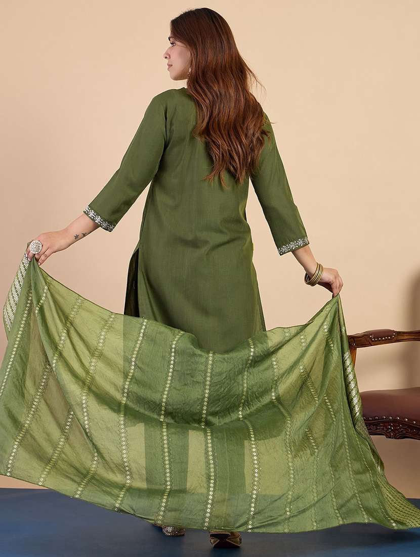 women solid with work three quarter sleeve kurta pant with dupatta set - 22440440 -  Standard Image - 3