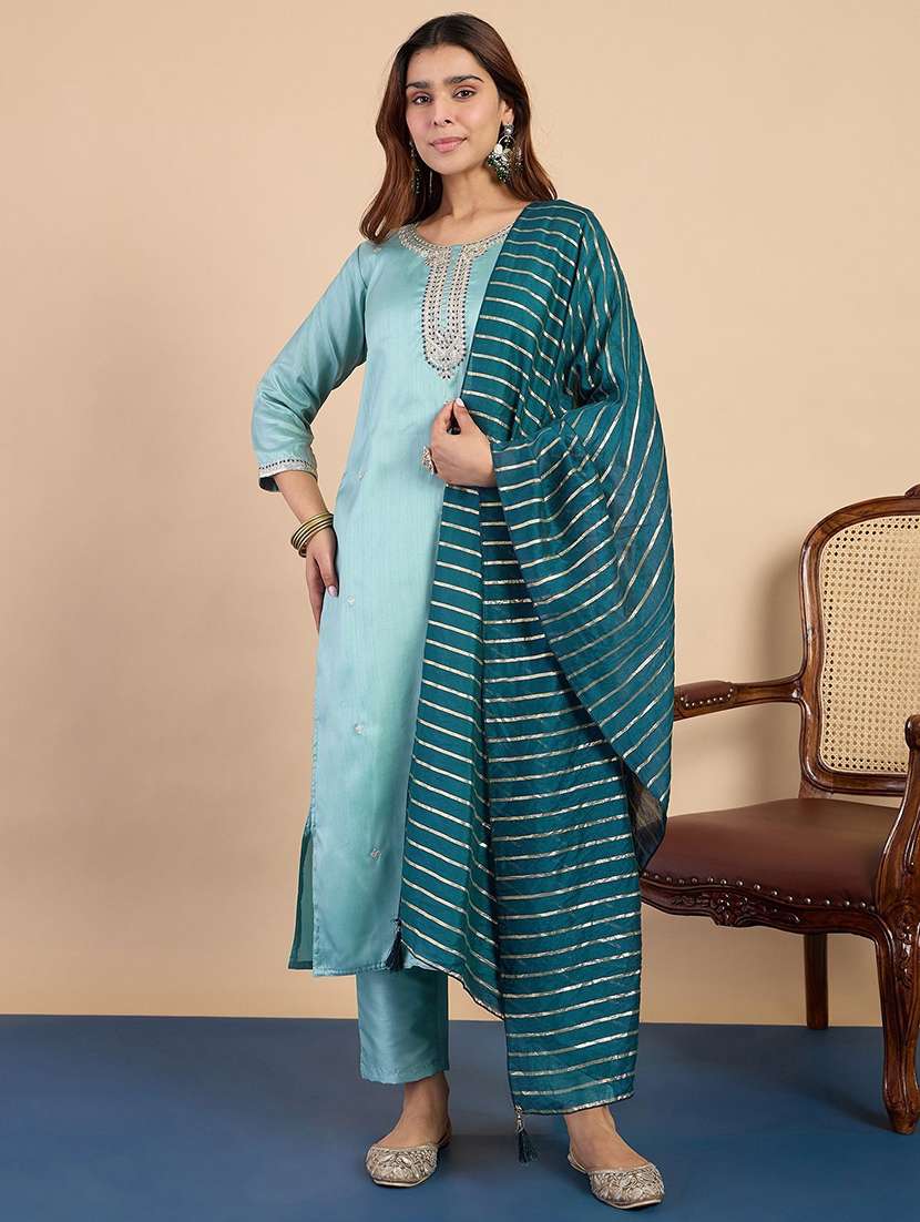 women self design light blue kurta dupatta set