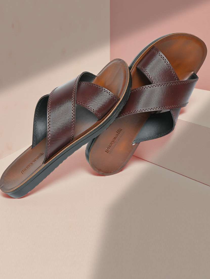 men brown slip on flat sandals