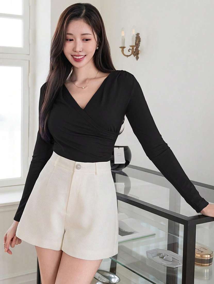 women solid long sleeve slim fit top - 22440714 -  Standard Image - 3